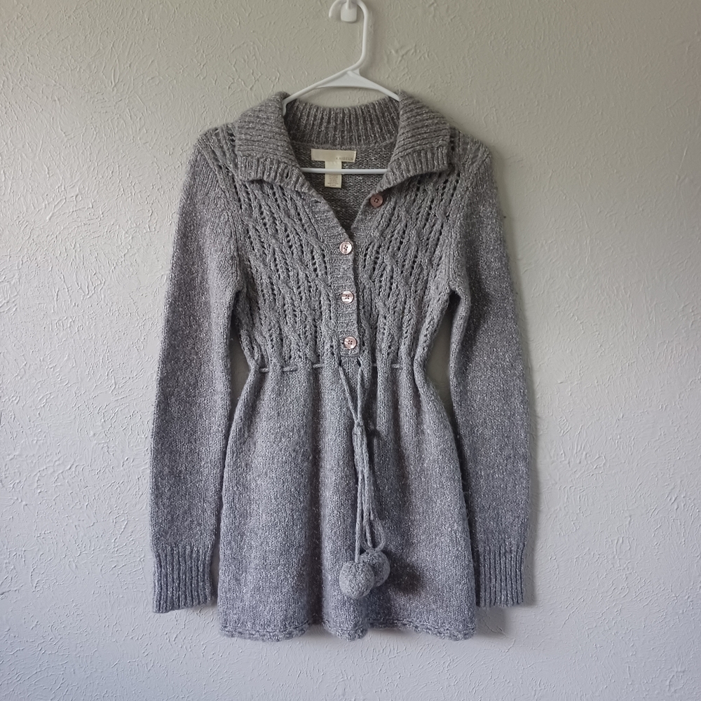 Kaisely Gray Wool Blend Knit Pom Pom Tie Waist Alpaca Sweater